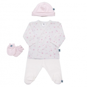 Conjunto camiseta topos rosa, polaina blanca y gorro | Conjuntos bebé algodón pima